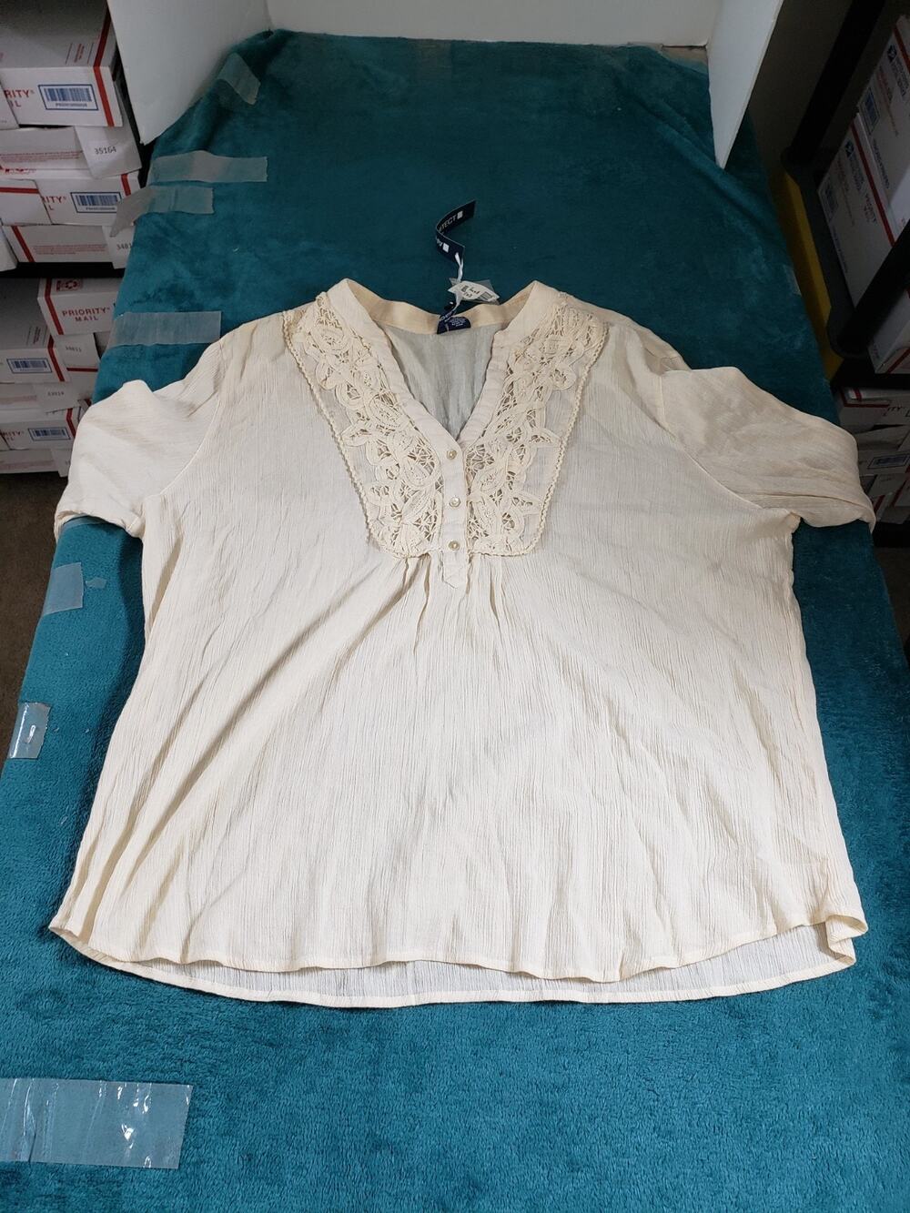 Architect Top Size 2X Women Beige Lace Trim V Neckline Bohemian Ladies NWT